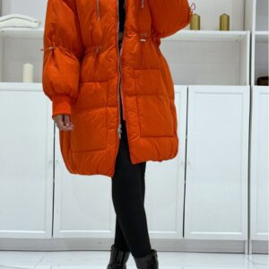 ORANGE PARACHUTE STYLE DOWN JACKET WITH LARGE COLLAR AND DRAWSTRING